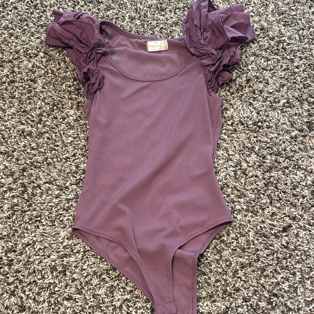 Altar'd State Purple Ruffle Sleeve Bodysuit